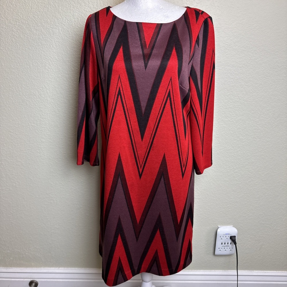 ICE Bold Chevron Geometric Print Shift Dress Red Purple Black 3/4 Sleeve M